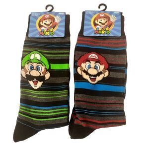 Nintendo Super Mario Luigi Mens 2 Pack Multicolor Crew Socks Size 6-12 NWT